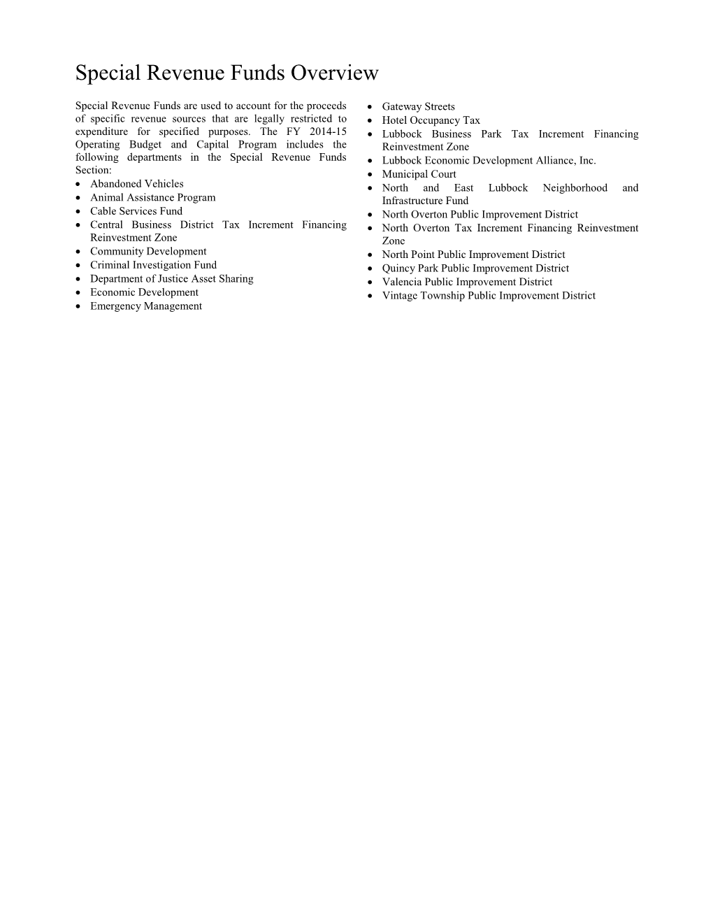 Special Revenue Funds Overview