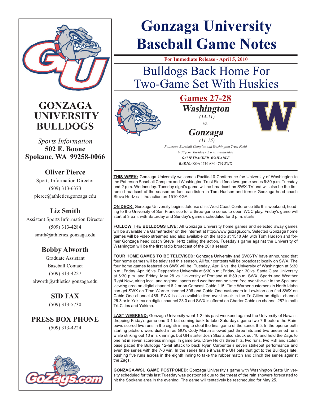 Gonzaga University Baseball Game Notes