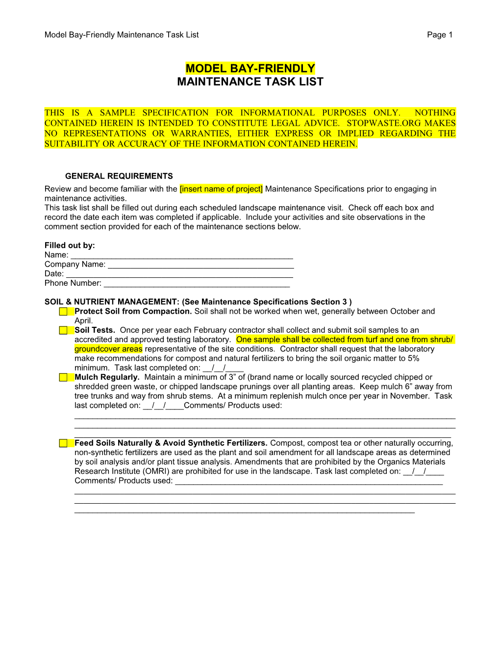 Model Bay-Friendly Maintenance Task List Page 1