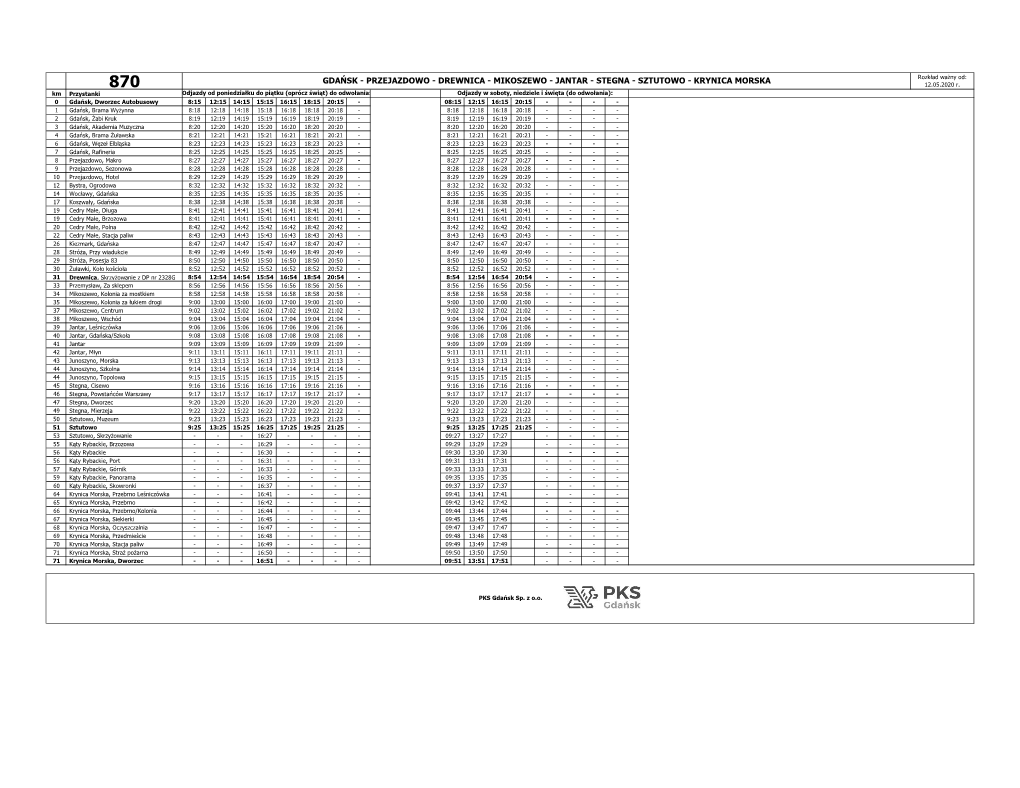 GDAŃSK - PRZEJAZDOWO - DREWNICA - MIKOSZEWO - JANTAR - STEGNA - SZTUTOWO - KRYNICA MORSKA Rozkład Ważny Od: 870 12.05.2020 R