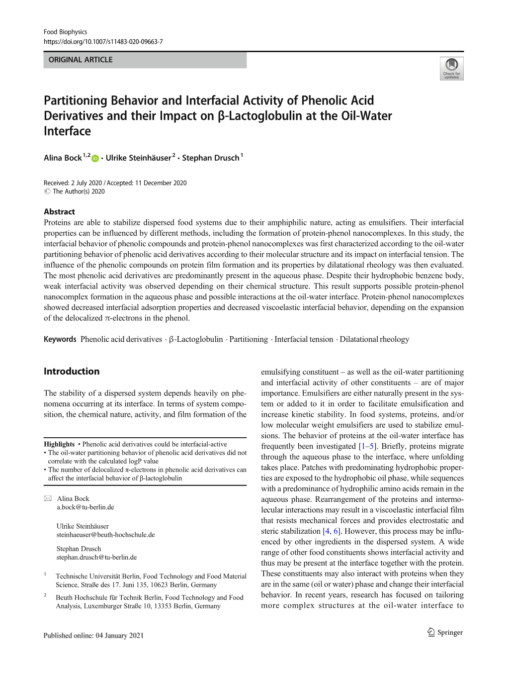 Partitioning Behavior and Interfacial Activity of Phenolic Acid Derivatives and Their Impact on Β-Lactoglobulin at the Oil-Water Interface