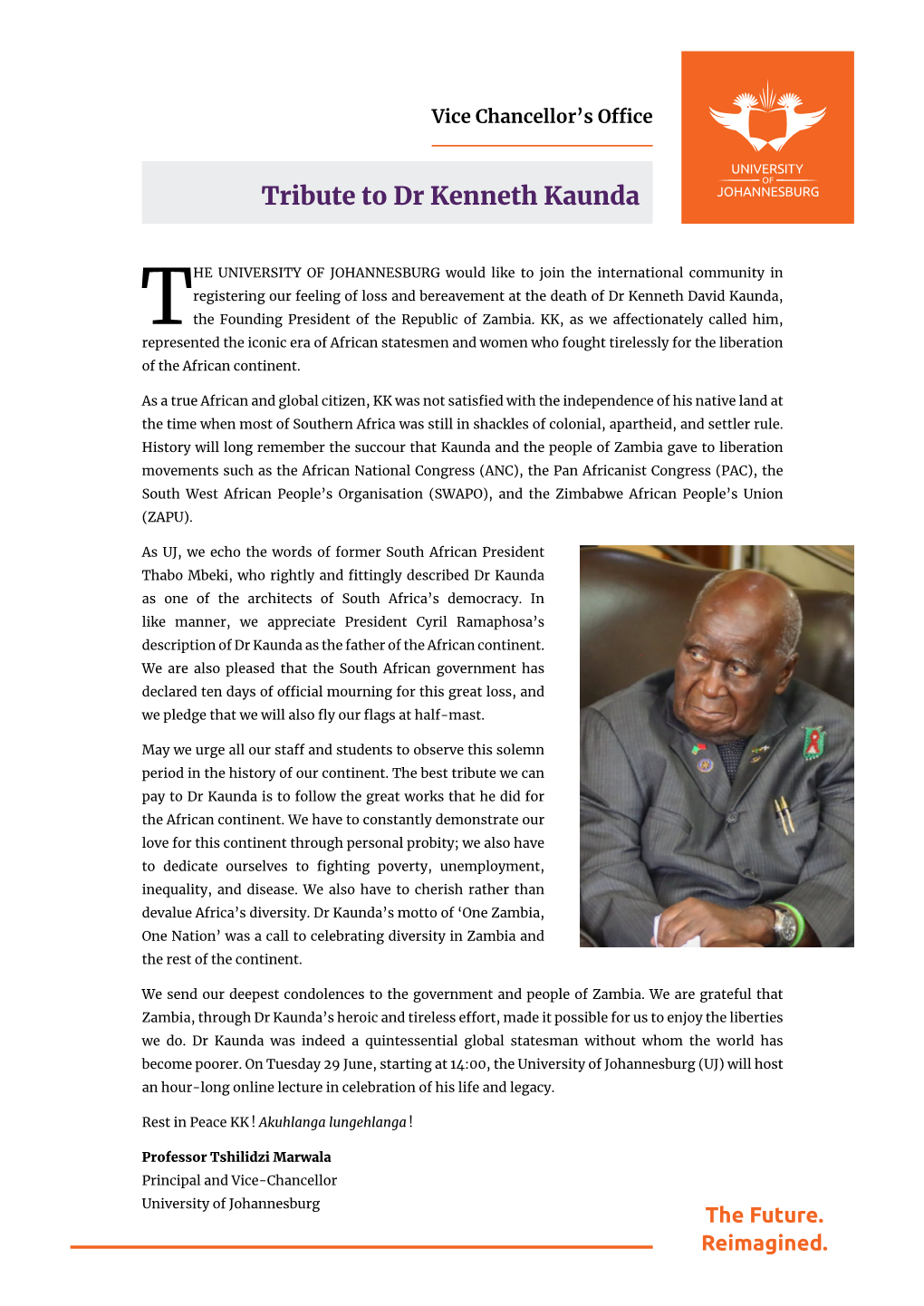 Tribute to Dr Kenneth Kaunda