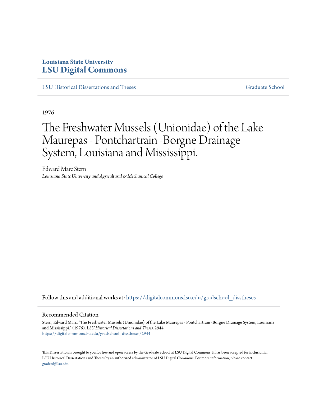 The Freshwater Mussels (Unionidae) of the Lake Maurepas-Pontchartrain- Borgne Drainage System, Louisiana and Mississippi