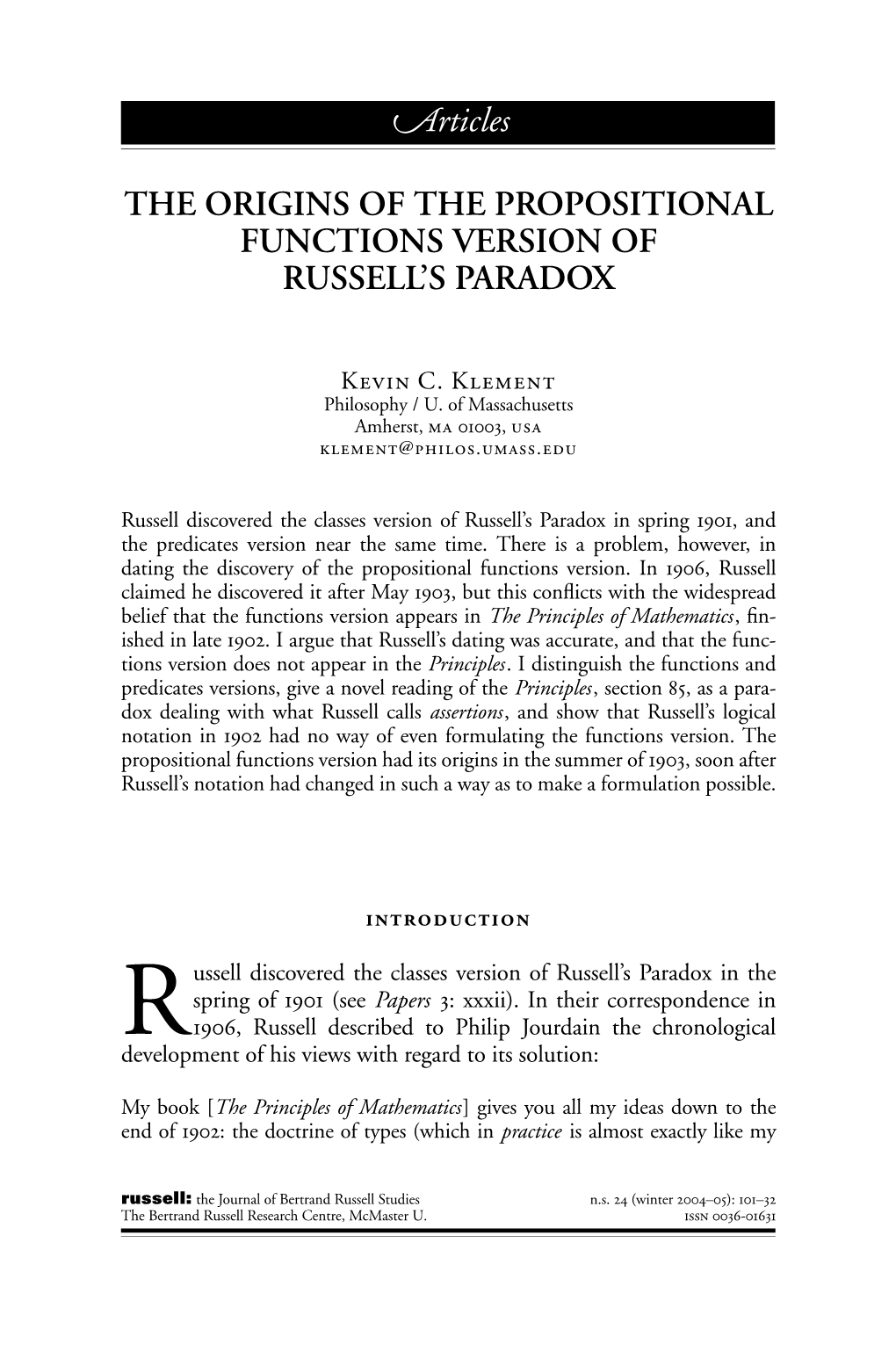 Rticles the ORIGINS of the PROPOSITIONAL FUNCTIONS