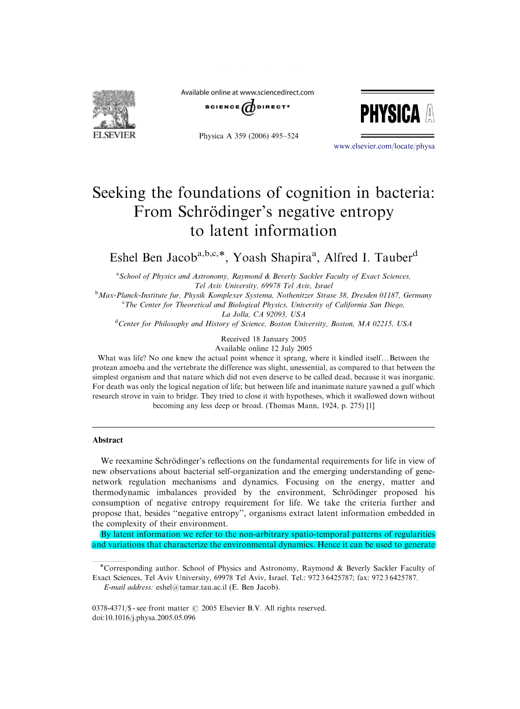 Seeking the Foundations of Cognition in Bacteria: from Schro¨Dinger's Negative Entropy to Latent Information