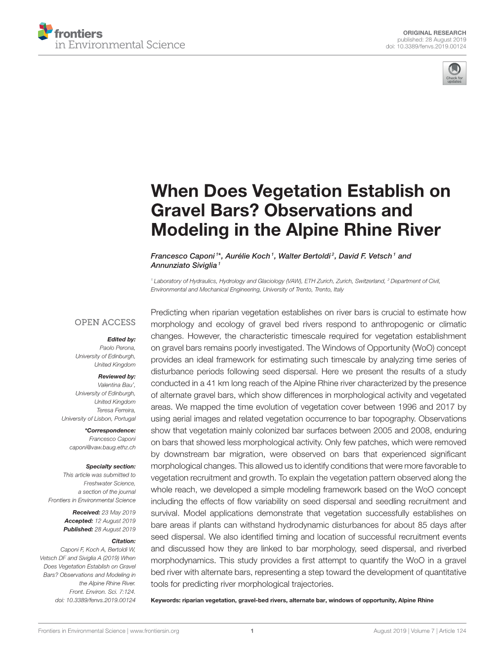 When Does Vegetation Establish on Gravel Bars? Observations and Modeling in the Alpine Rhine River