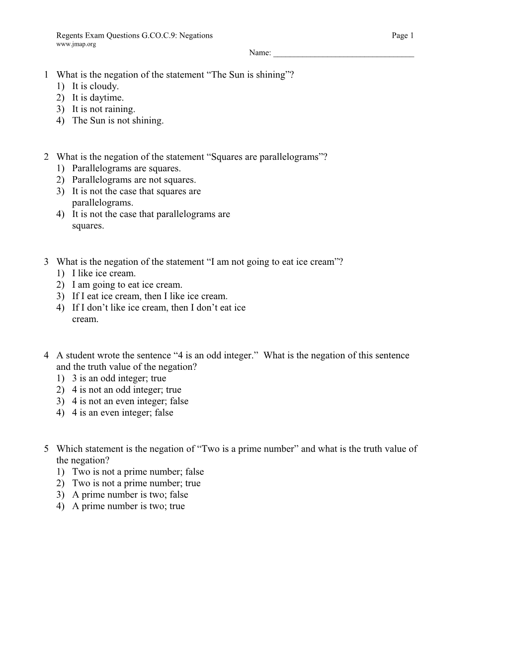 Regents Exam Questions G.CO.C.9: Negations Page 2