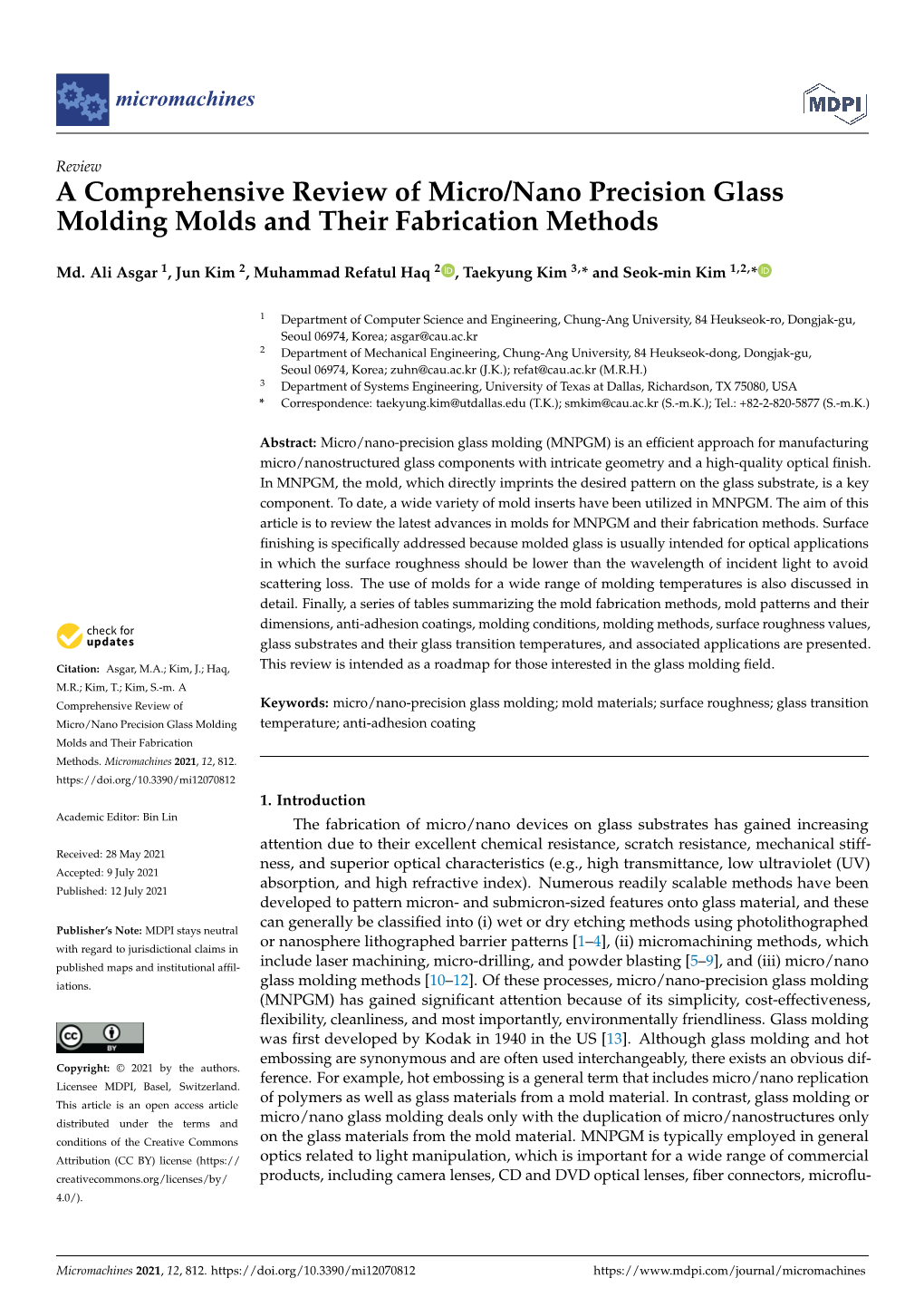 A Comprehensive Review of Micro/Nano Precision Glass Molding Molds and Their Fabrication Methods