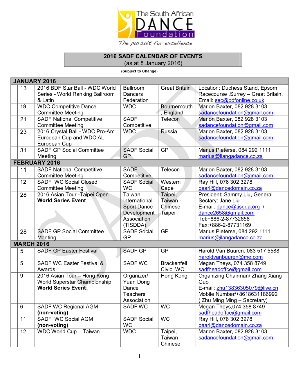 1 JANUARY 2016 13 21 23 31 FEBRUARY 2016 11 28 28 MARCH 2016 5 2016 SADF CALENDAR of EVENTS (As at 8 January 2016)