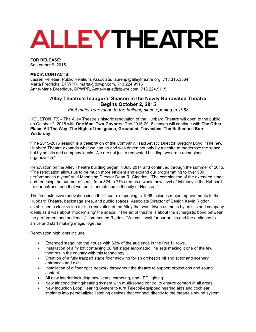 Alley Theatre's Inaugural Season in the Newly Renovated Theatre