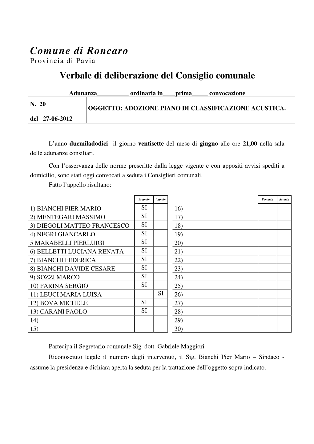 Verbale Di Deliberazione Del Consiglio Comunale