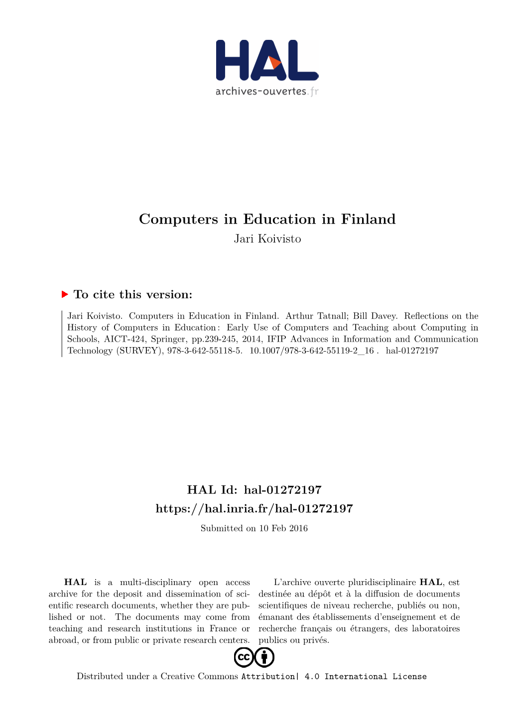 Computers in Education in Finland Jari Koivisto