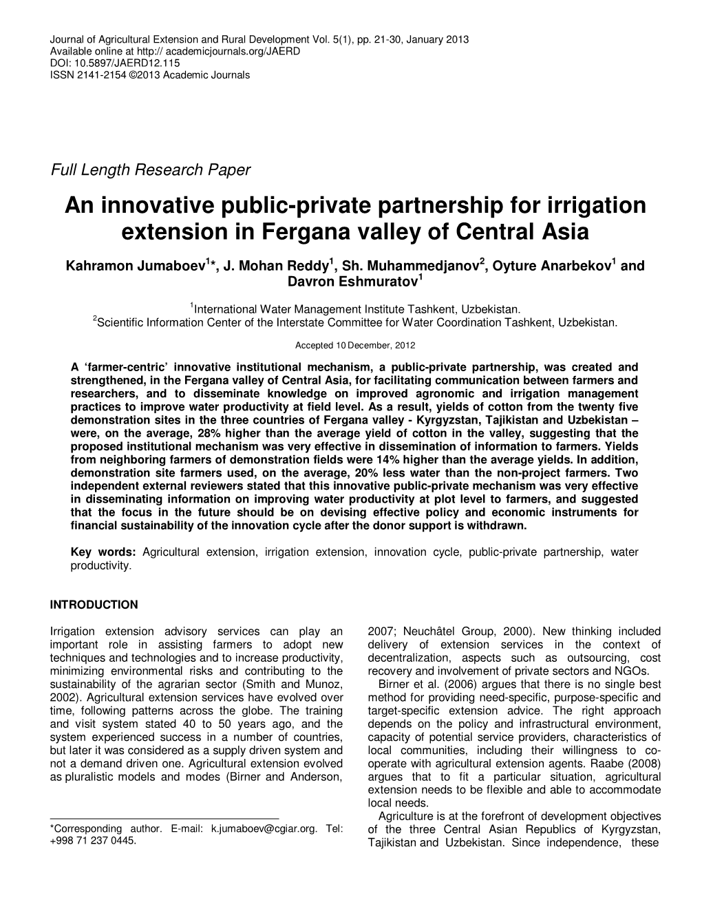 An Innovative Public-Private Partnership for Irrigation Extension in Fergana Valley of Central Asia