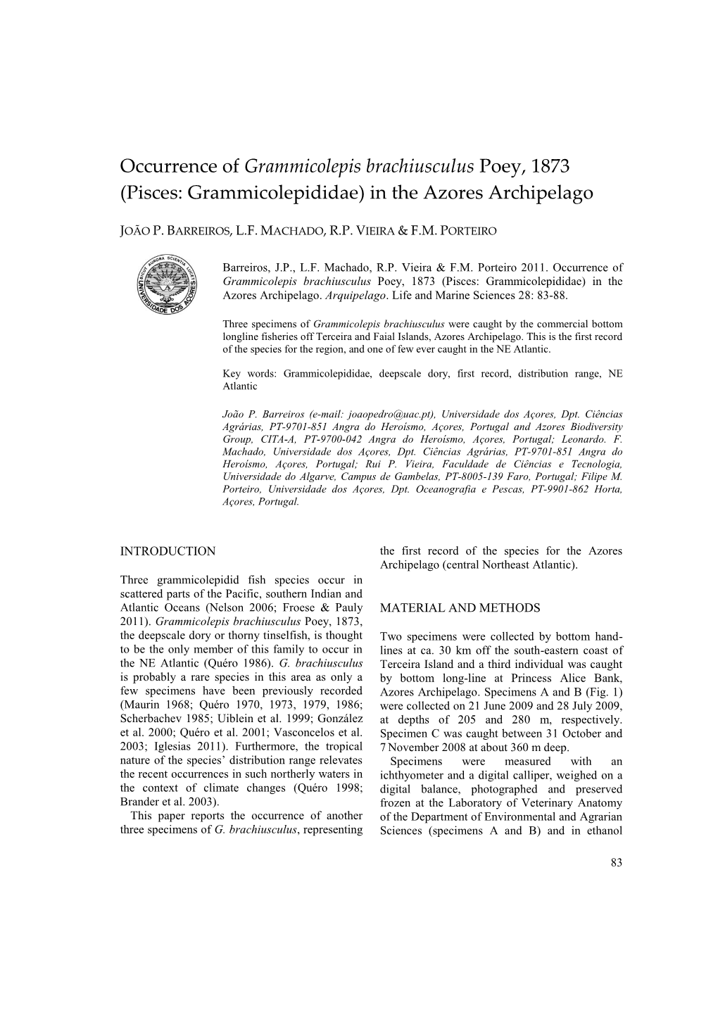 Occurrence of Grammicolepis Brachiusculus Poey, 1873 (Pisces: Grammicolepididae) in the Azores Archipelago