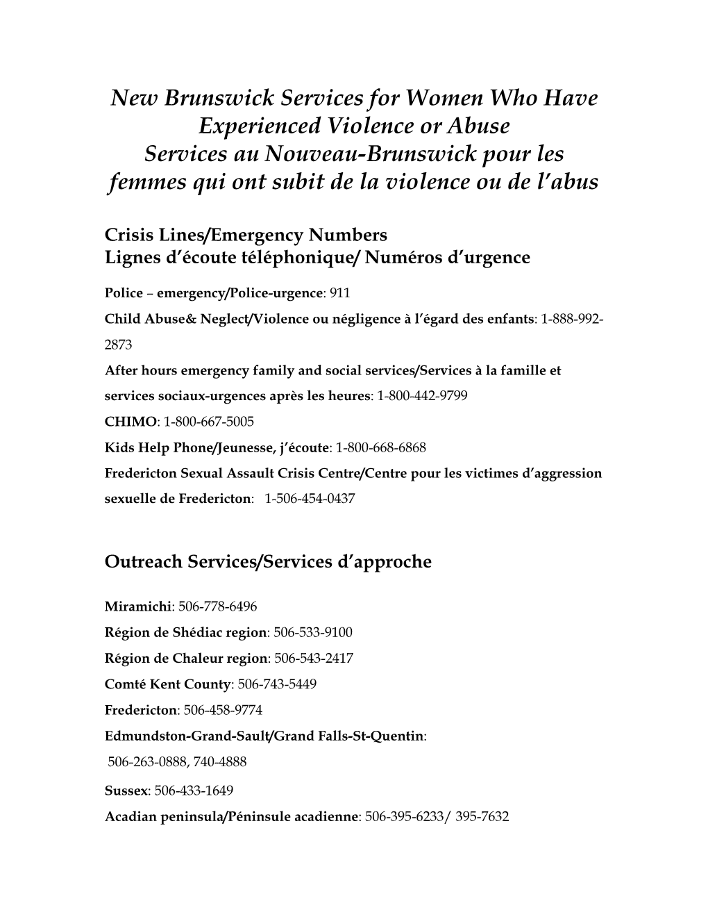 New Brunswick Services for Women Who Have Experienced Violence Or Abuse Services Au Nouveau-Brunswick Pour Les Femmes Qui Ont Subit De La Violence Ou De L’Abus