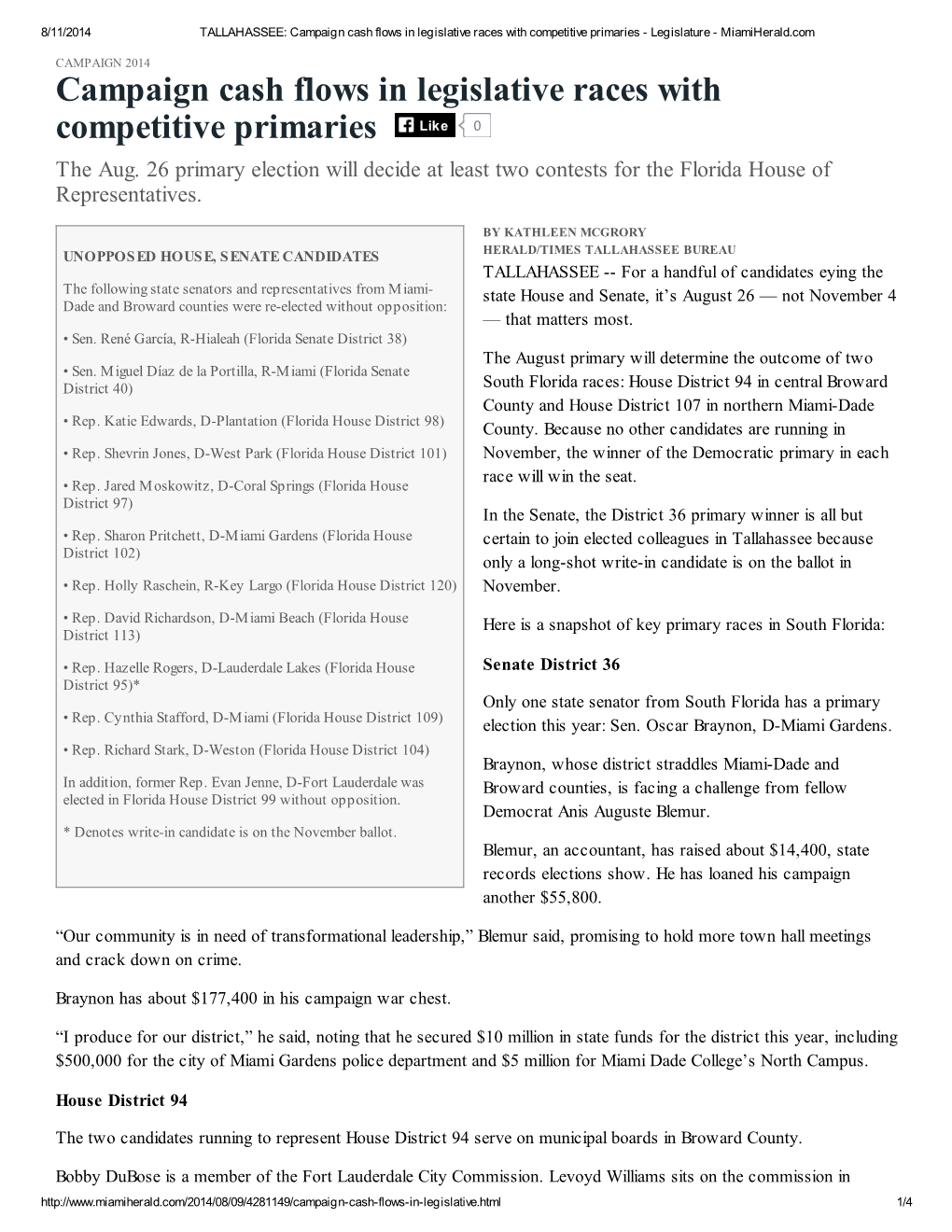 Campaign Cash Flows in Legislative Races with Competitive Primaries - Legislature - Miamiherald.Com