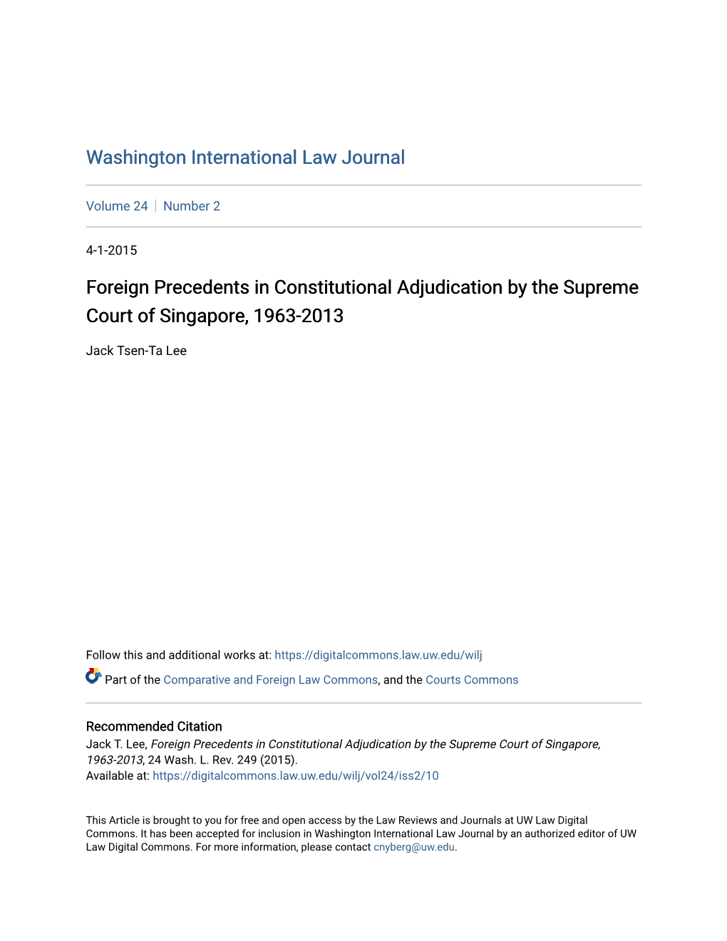 Foreign Precedents in Constitutional Adjudication by the Supreme Court of Singapore, 1963-2013