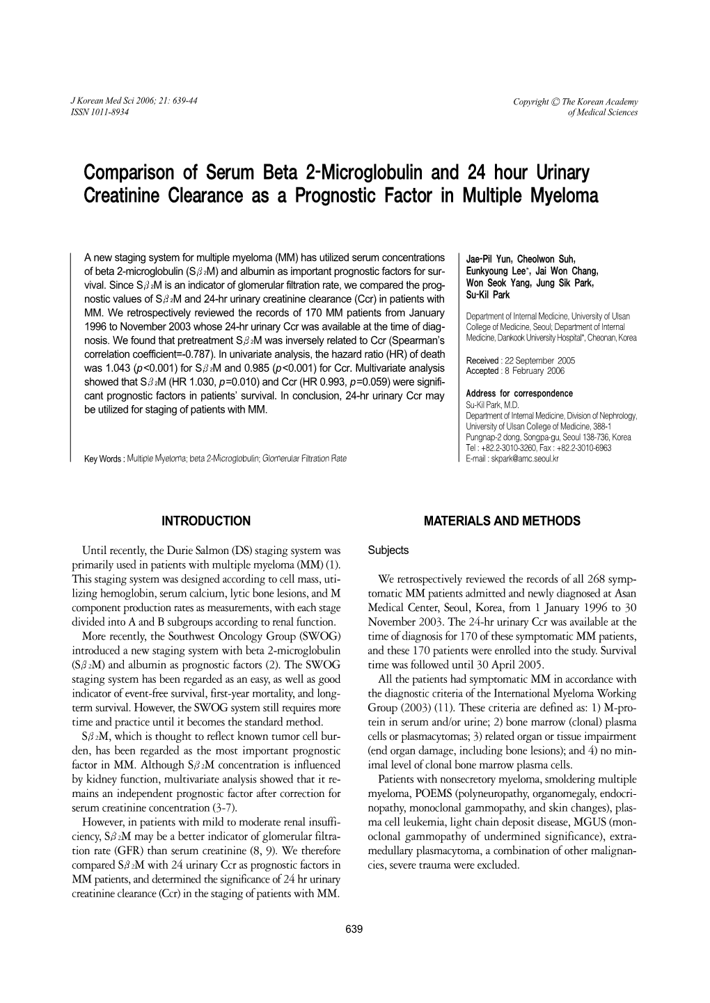 Comparison of Serum Beta 2-Microglobulin and 24 Hour Urinary Creatinine Clearance As a Prognostic Factor in Multiple Myeloma