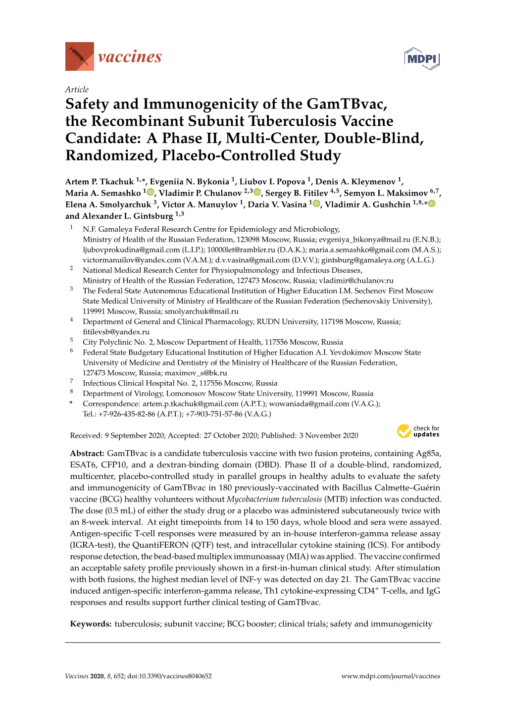 Safety and Immunogenicity of the Gamtbvac