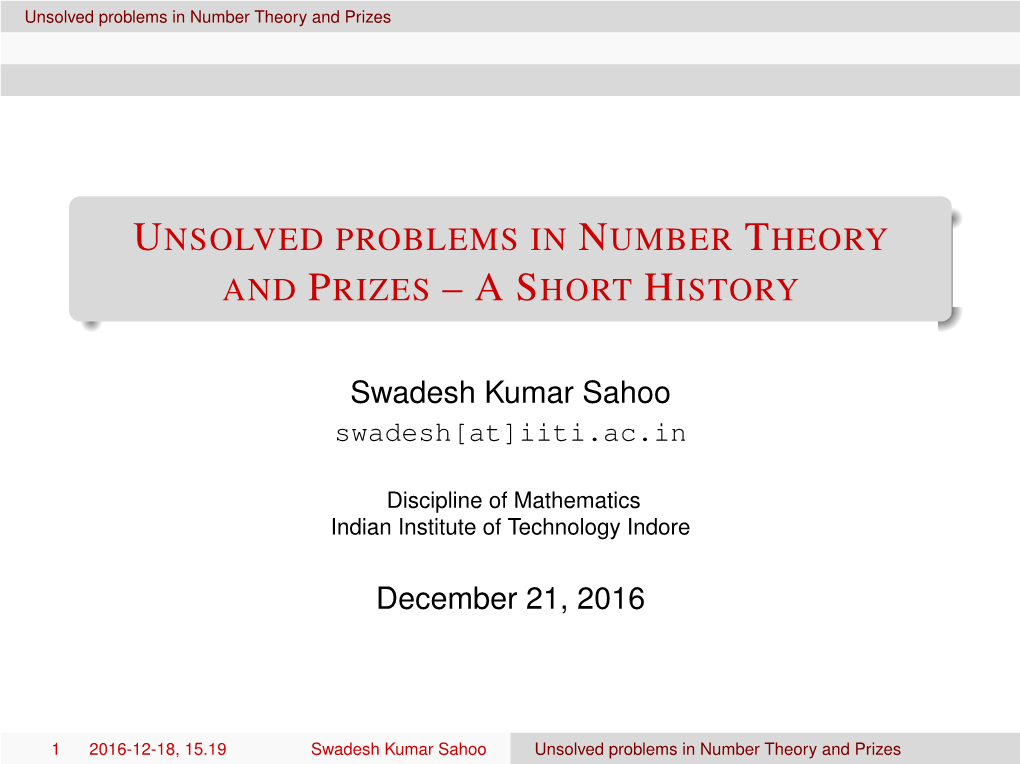 Unsolved Problems in Number Theory and Prizes