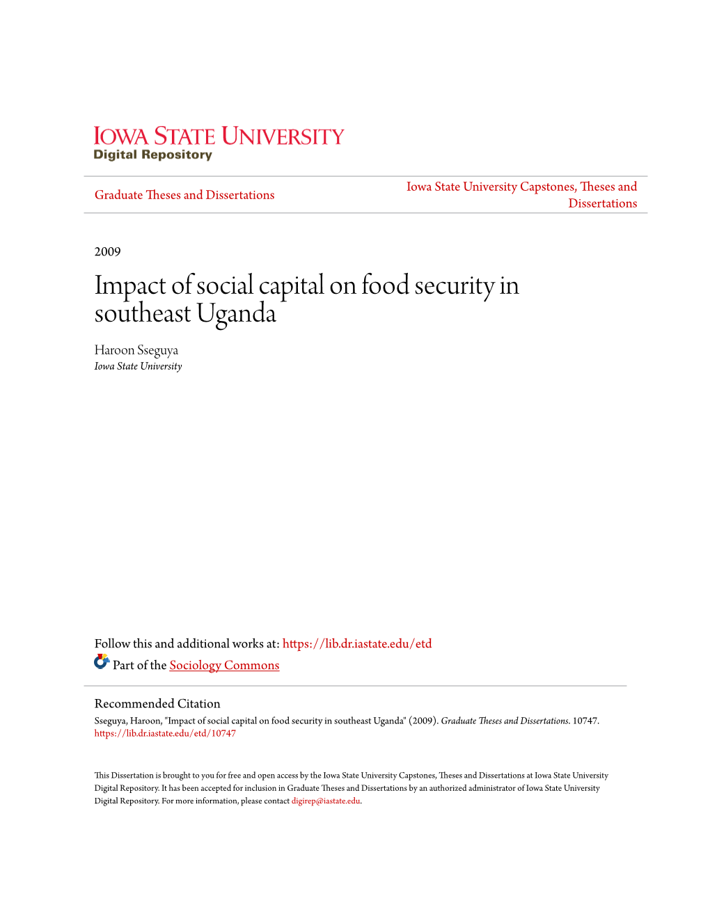 Impact of Social Capital on Food Security in Southeast Uganda Haroon Sseguya Iowa State University