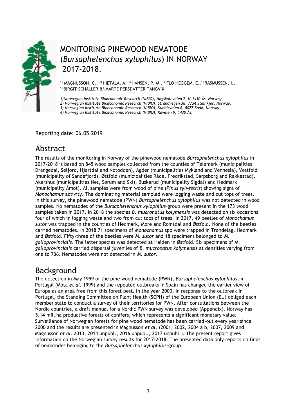 Bursaphelenchus Xylophilus) in NORWAY 2017-2018