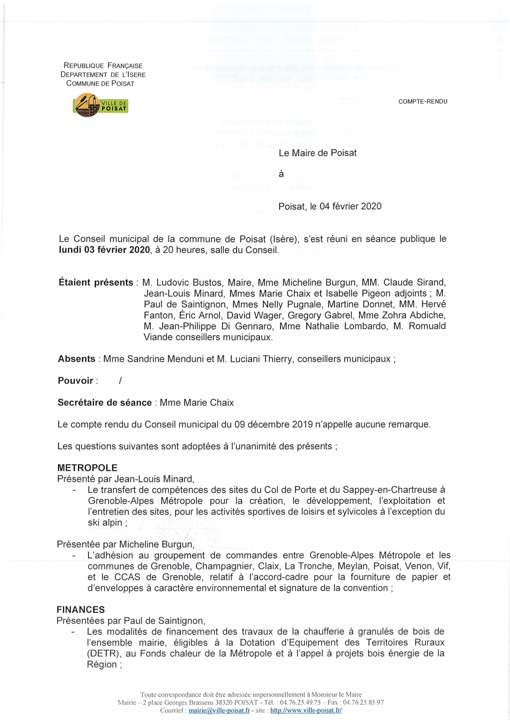 Le Maire De Poisat À Poisat, Le 04 Février 2020 Le Conseil Municipal De La Commune De Poisat (Isère), S'est Réuni En Séan