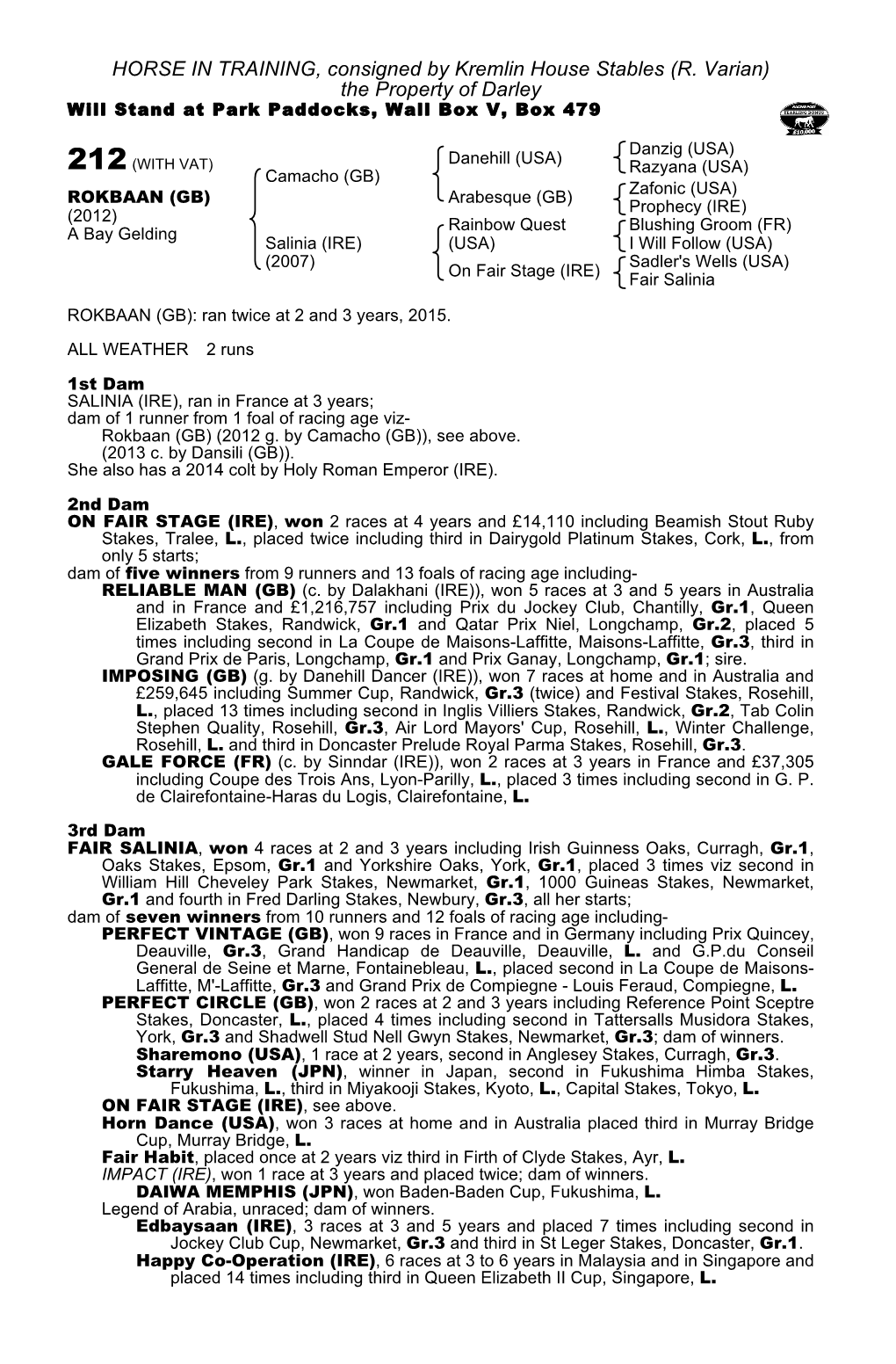 R. Varian) the Property of Darley Will Stand at Park Paddocks, Wall Box V, Box 479