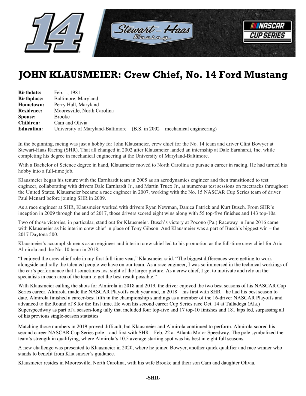 JOHN KLAUSMEIER: Crew Chief, No