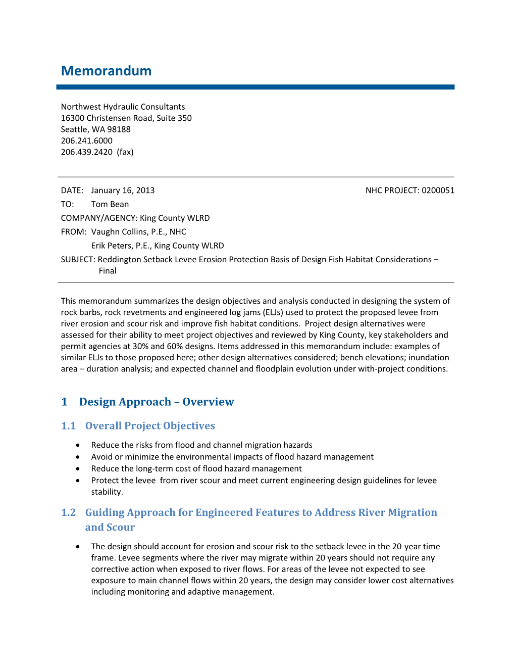 Reddington Setback Levee Erosion Protection Basis of Design Fish Habitat Considerations – Final