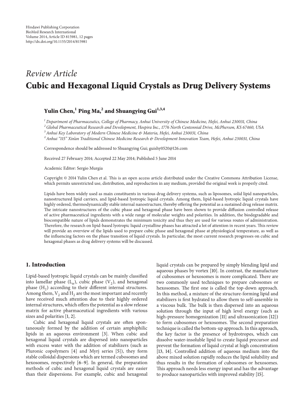 Review Article Cubic and Hexagonal Liquid Crystals As Drug Delivery Systems