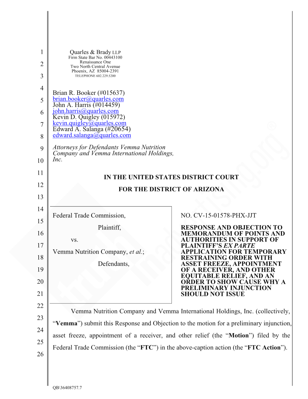 Vemma's Objection to FTC's Request for Preliminary Injunction