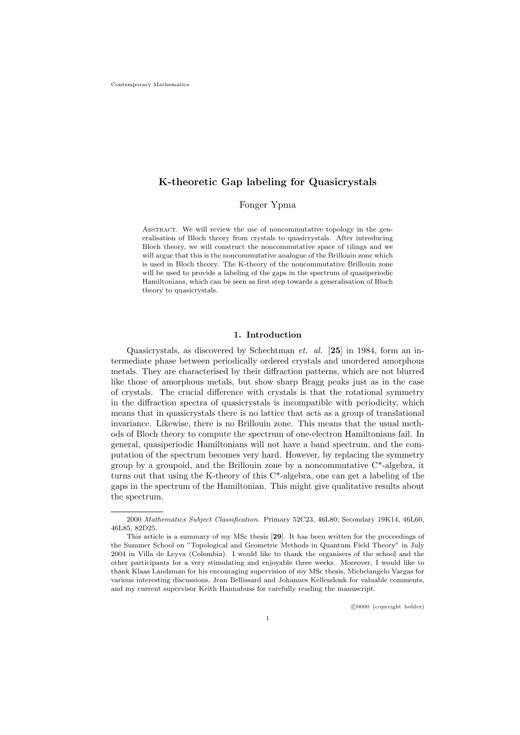 K-Theoretic Gap Labeling for Quasicrystals