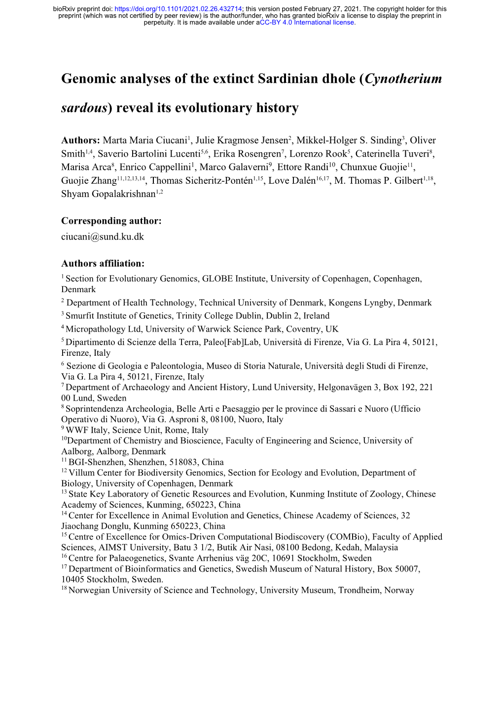 Genomic Analyses of the Extinct Sardinian Dhole (Cynotherium