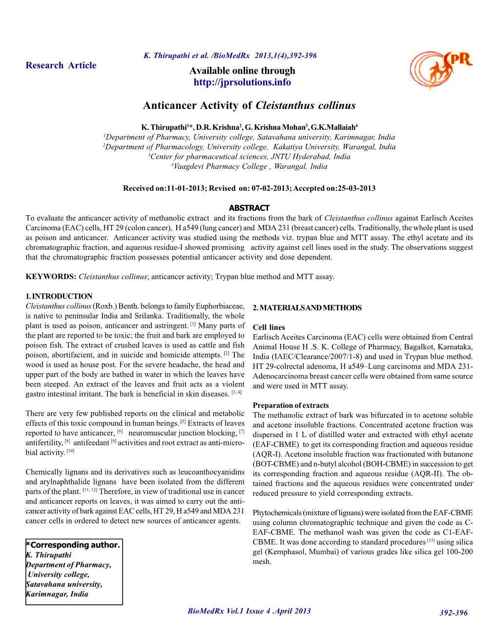 Anticancer Activity of Cleistanthus Collinus