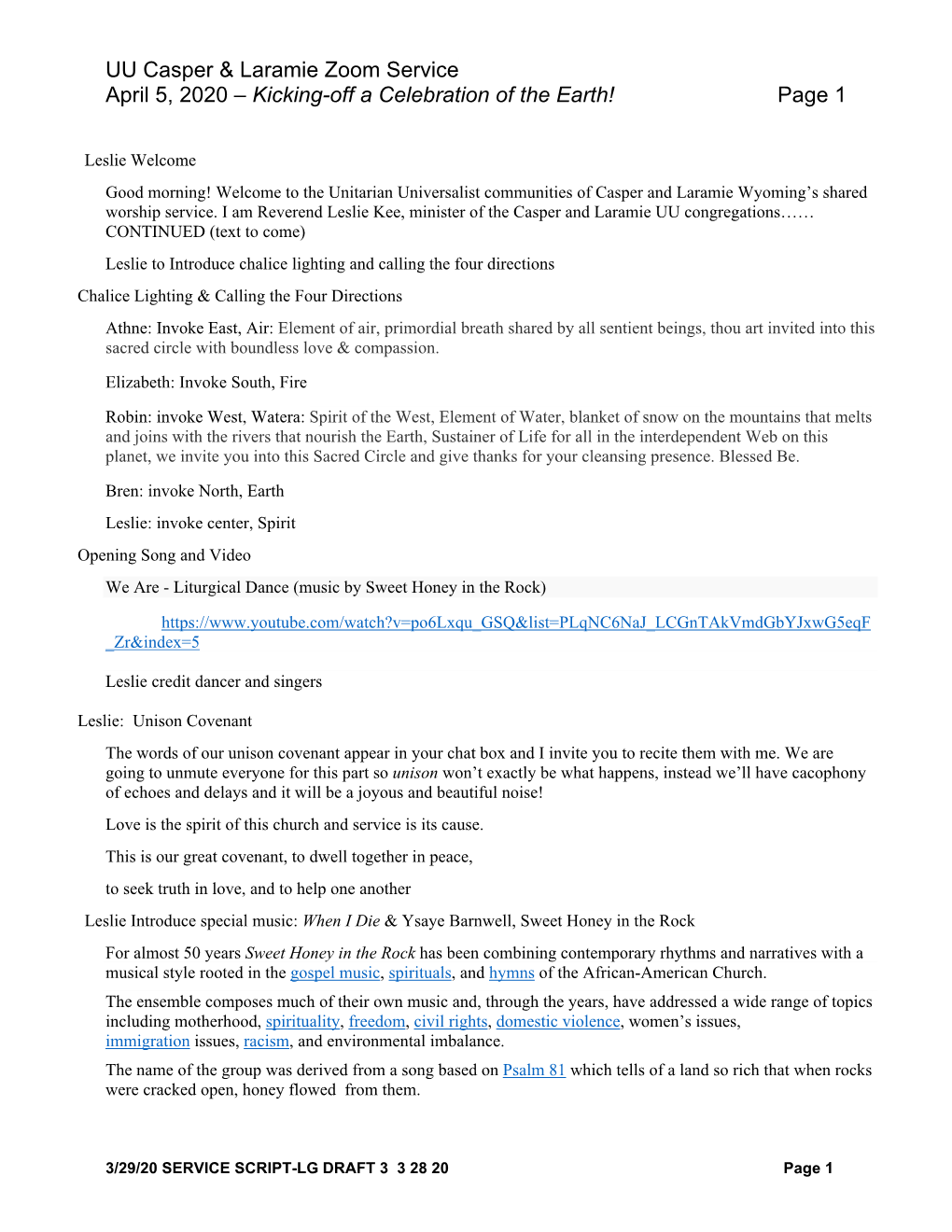 UU Casper & Laramie Zoom Service April 5, 2020 – Kicking-Off a Celebration of the Earth! Page 1