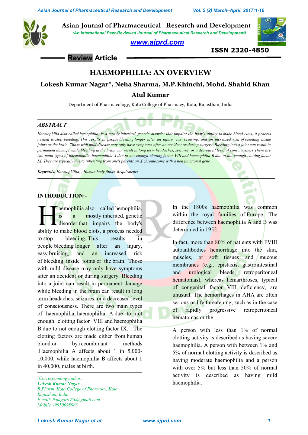 Asian Journal of Pharmaceutical Research and Development Www