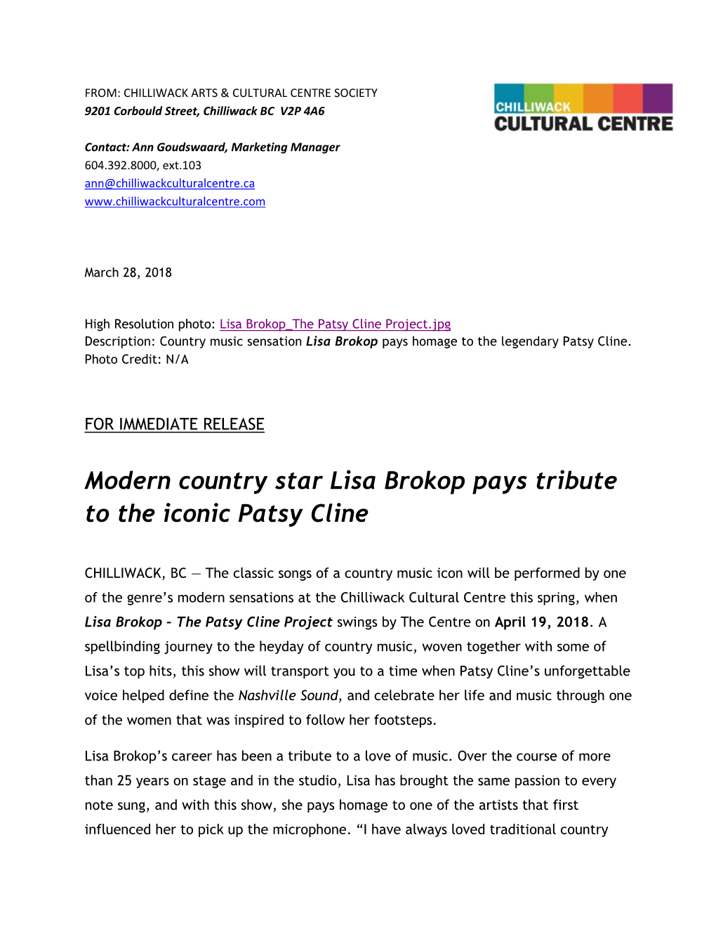 Lisa Brokop – the Patsy Cline Project Swings by the Centre on April 19, 2018