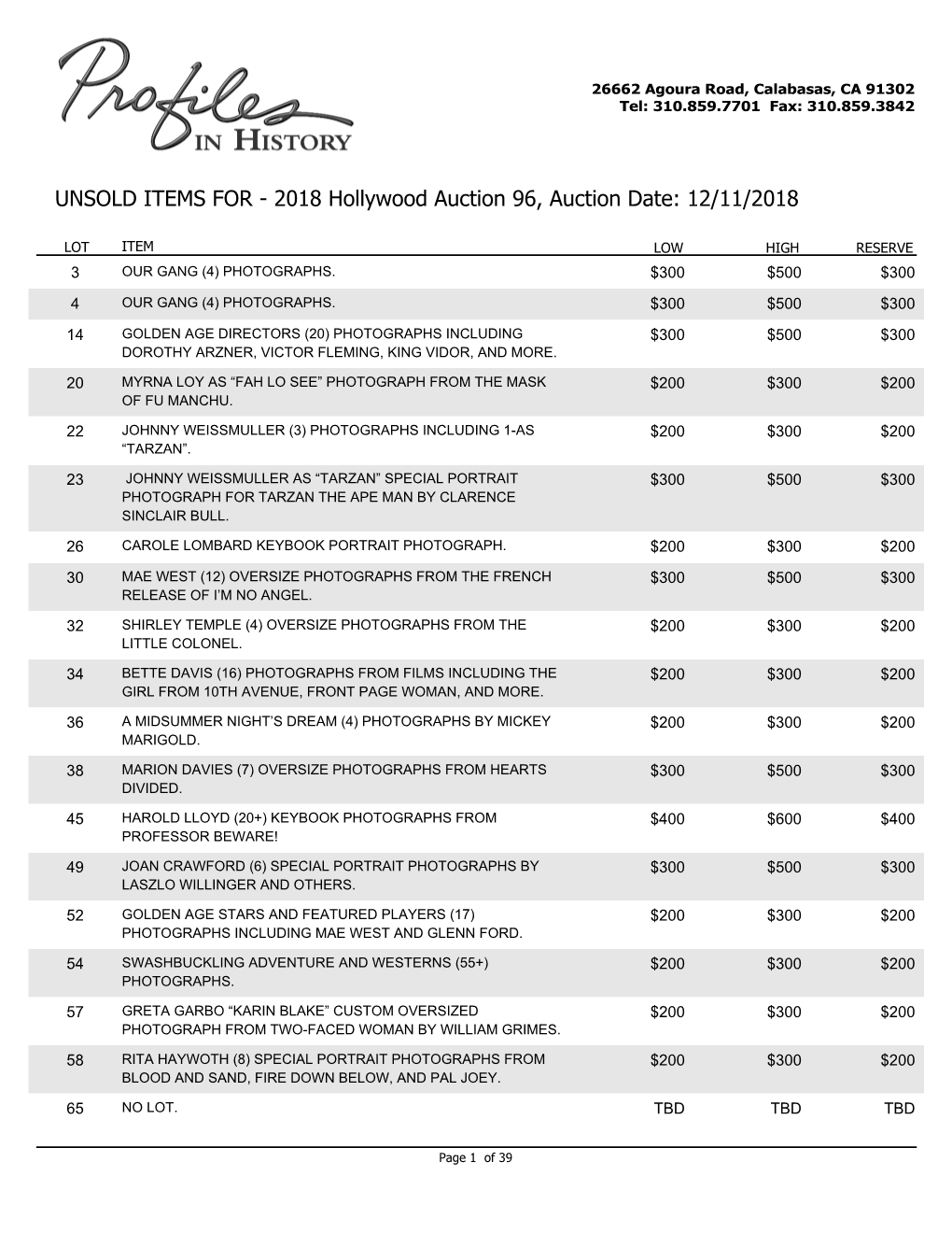 UNSOLD ITEMS for - 2018 Hollywood Auction 96, Auction Date: 12/11/2018