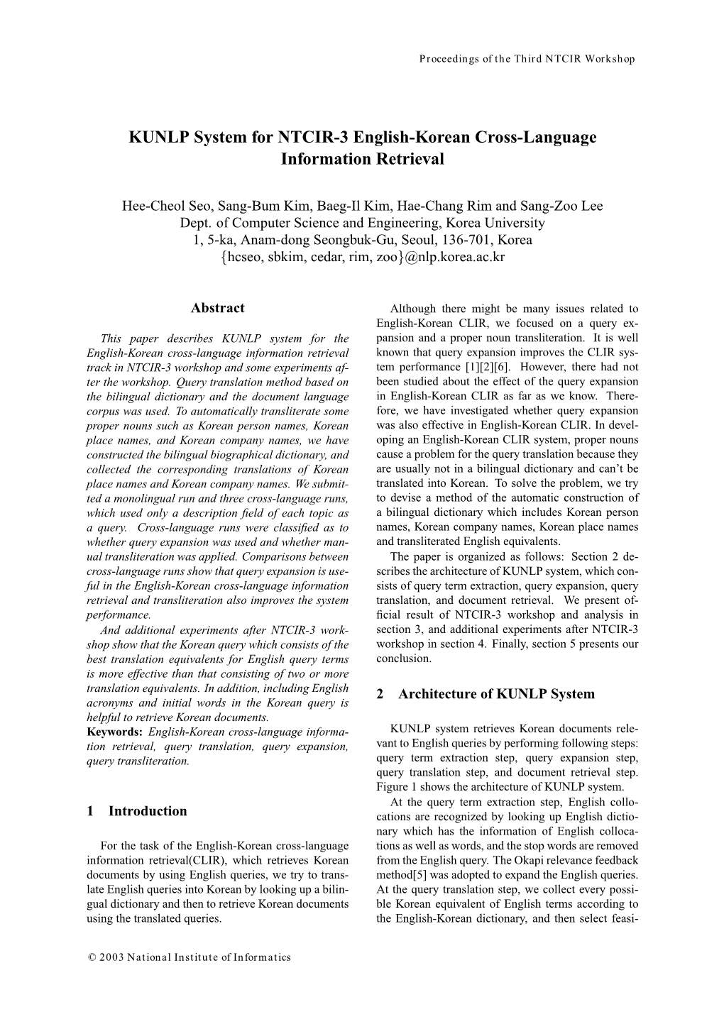 KUNLP System for NTCIR-3 English-Korean Cross-Language Information Retrieval