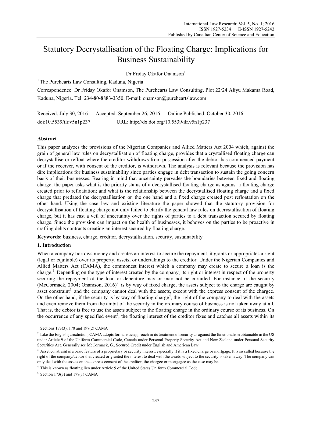 Statutory Decrystallisation of the Floating Charge: Implications for Business Sustainability