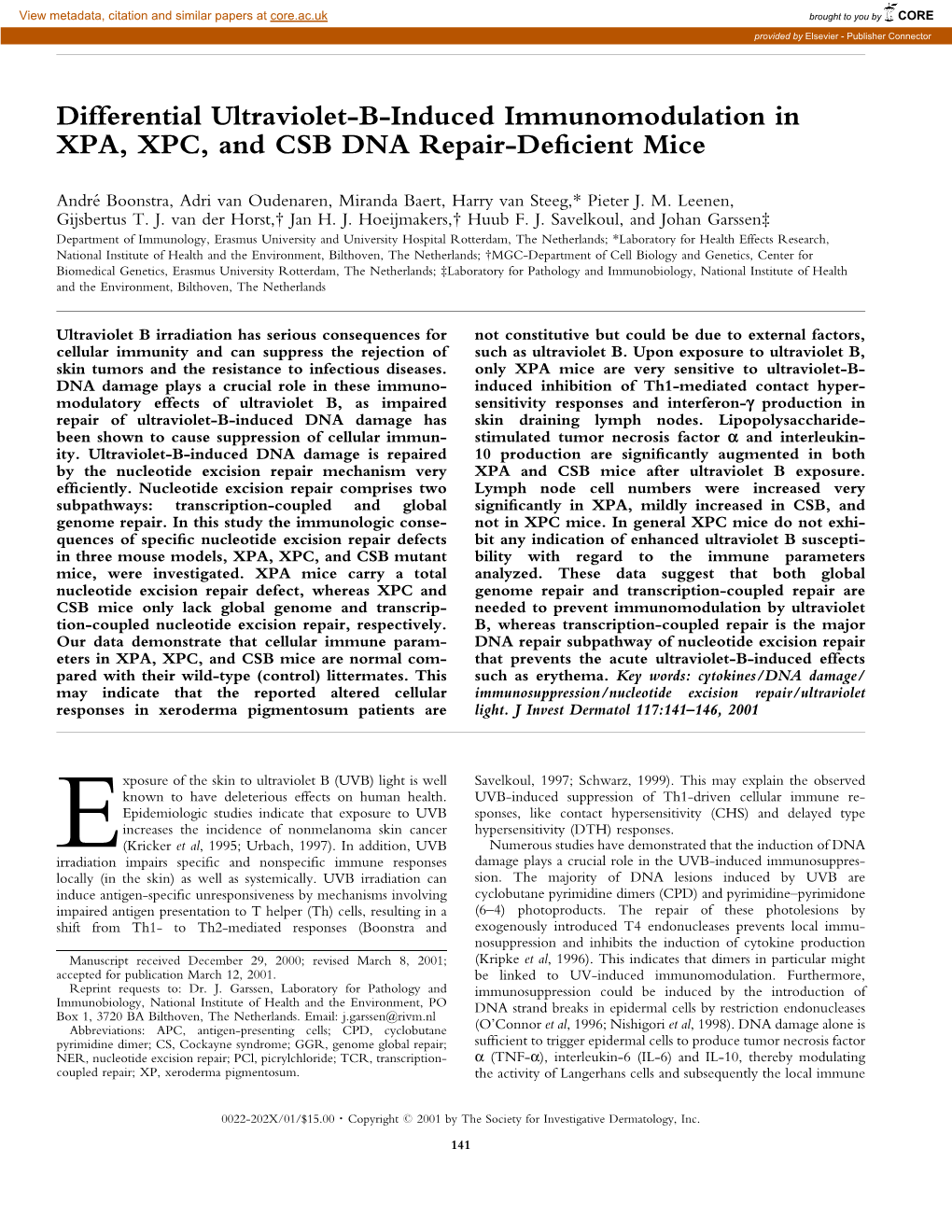 Differential Ultraviolet-B-Induced Immunomodulation in XPA, XPC, and CSB DNA Repair-Deficient Mice