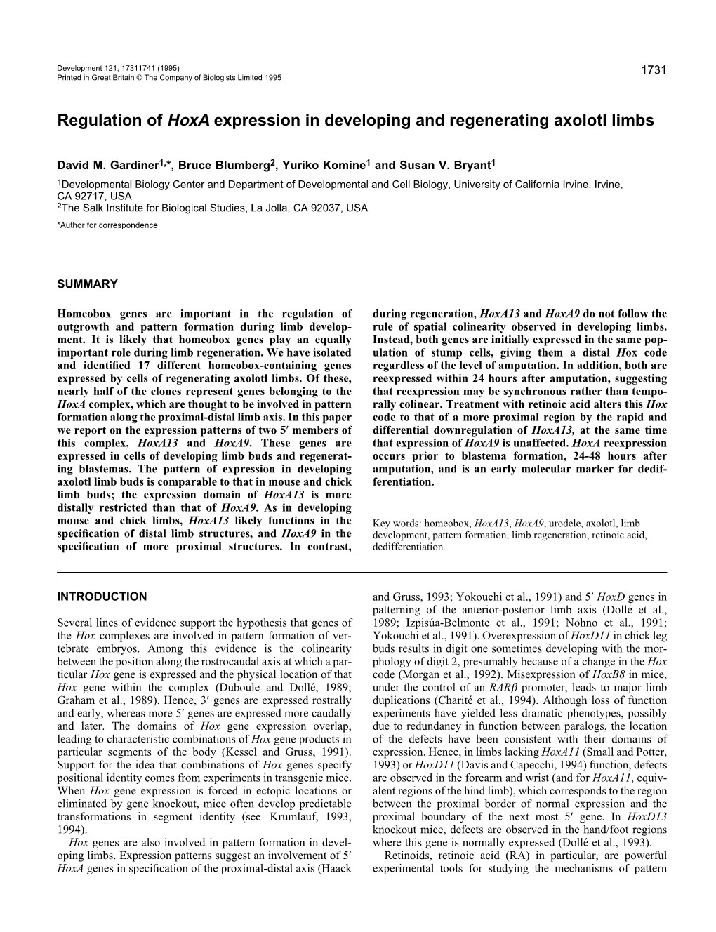 Regulation of Hoxa Expression in Developing and Regenerating Axolotl Limbs