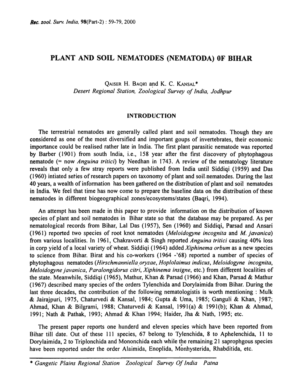 Plant and Soil Nematodes (Nematoda) of Bihar