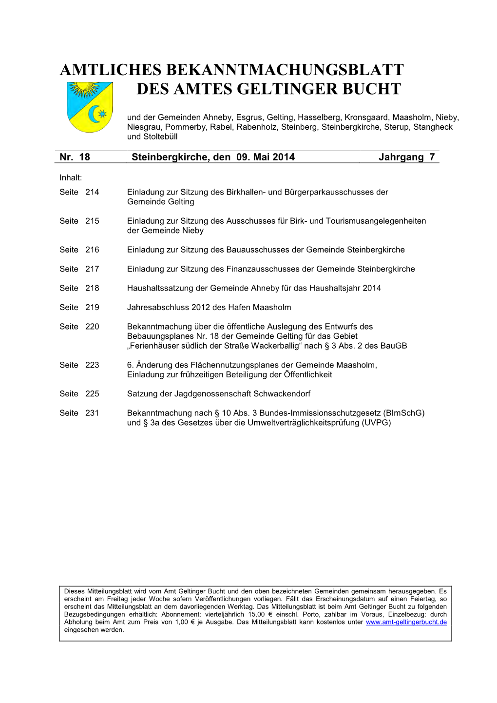 Amtliches Bekanntmachungsblatt Des Amtes Geltinger Bucht Nr. 18/2014