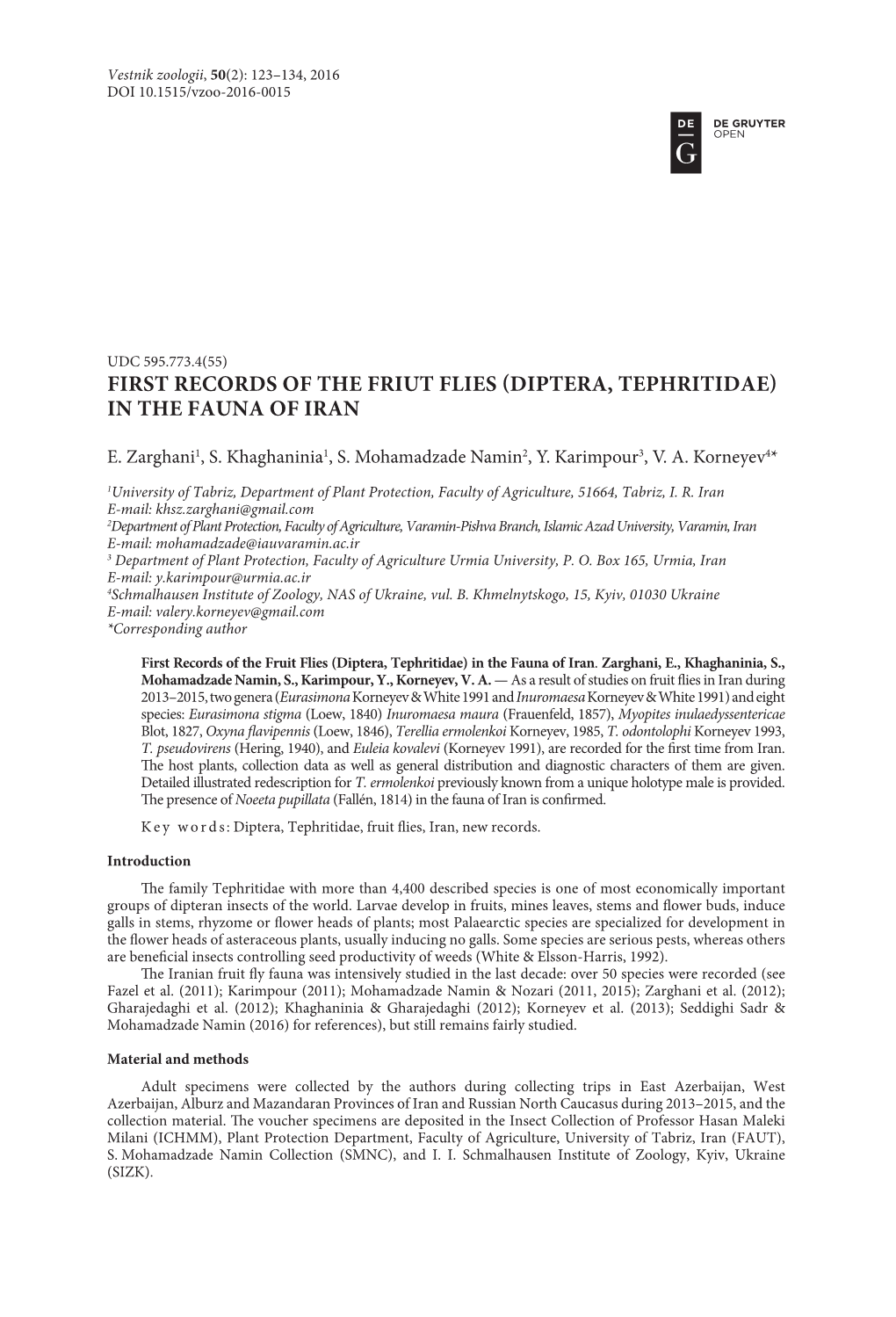 First Records of the Friut Flies (Diptera, Tephritidae) in the Fauna of Iran