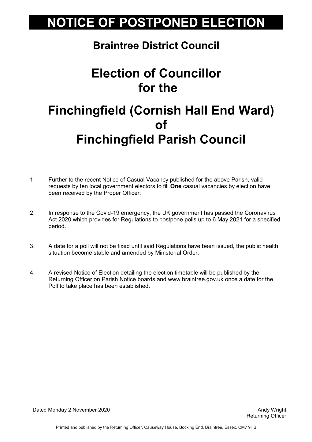 Election of Councillor for the Finchingfield (Cornish Hall End Ward) of Finchingfield Parish Council