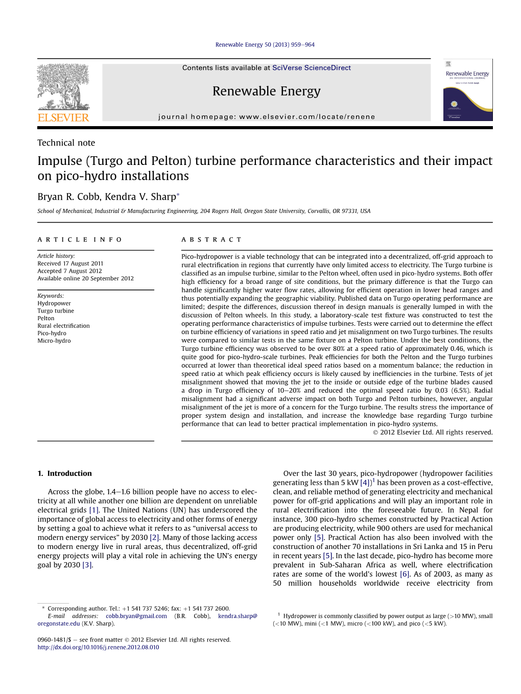 Impulse (Turgo and Pelton) Turbine Performance Characteristics and Their Impact on Pico-Hydro Installations