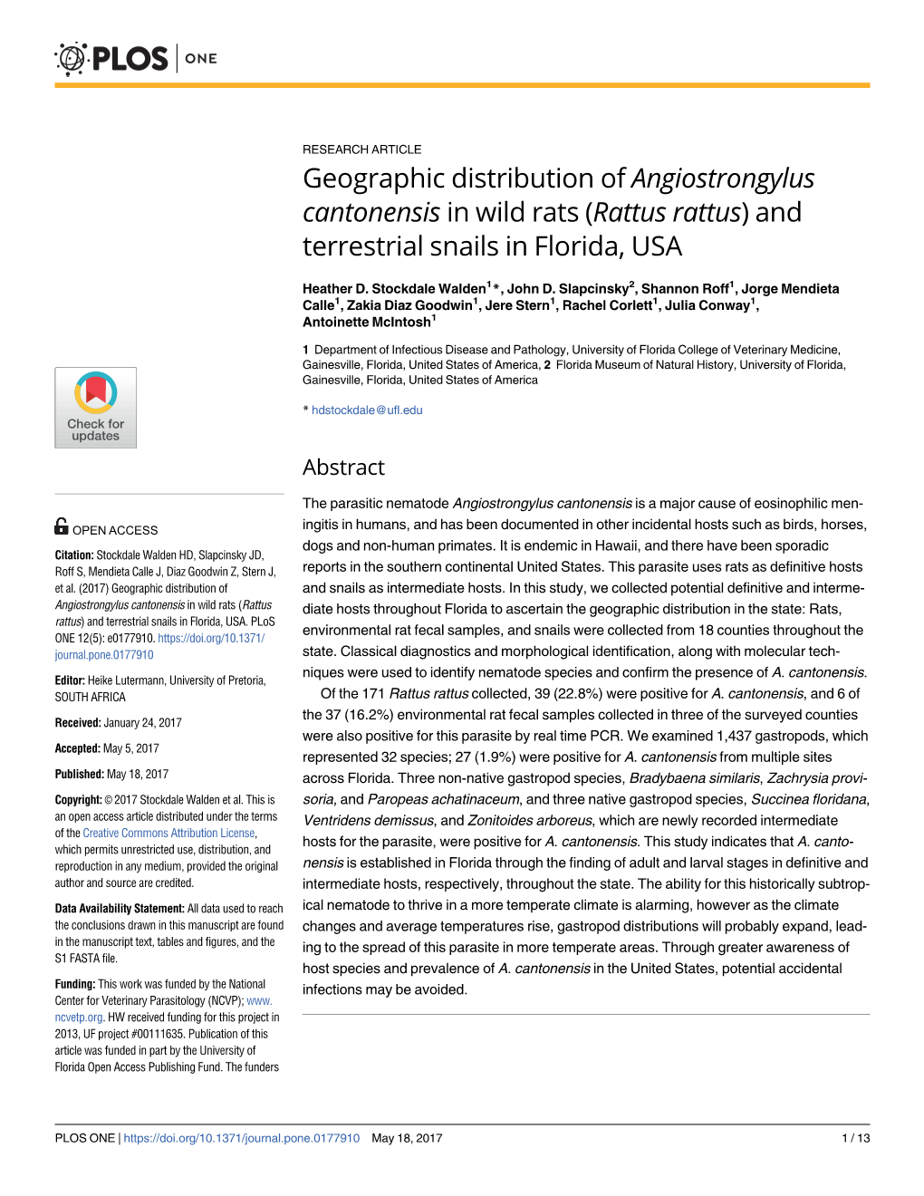 Geographic Distribution of Angiostrongylus Cantonensis in Wild Rats (Rattus Rattus) and Terrestrial Snails in Florida, USA