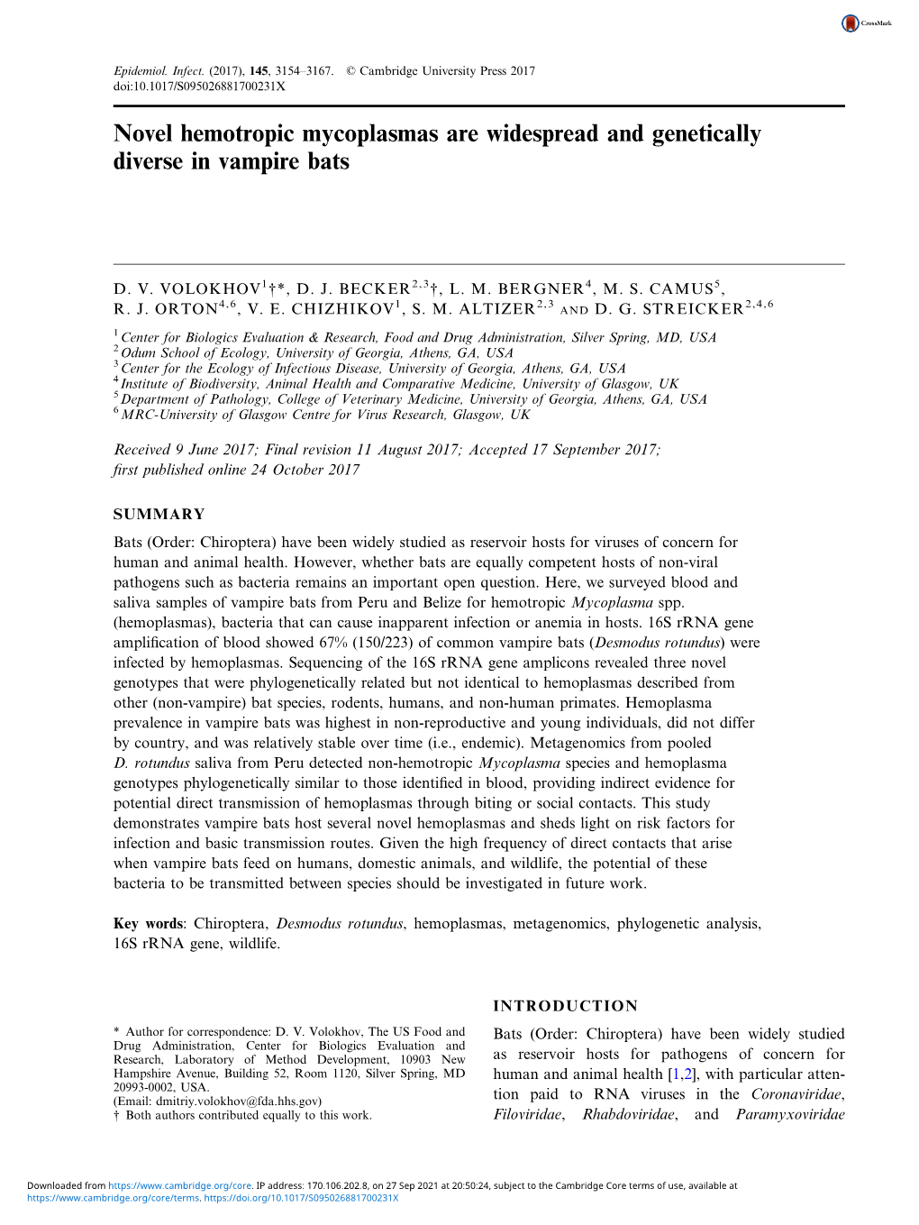 Novel Hemotropic Mycoplasmas Are Widespread and Genetically Diverse in Vampire Bats